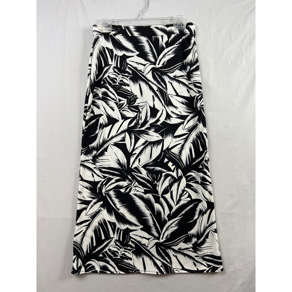 Liz Claiborne Maxi Skirt Womens Small Petite Black White Tropical Leaf Pullup
